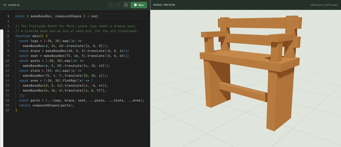The Object Forge: model.js open in the code editor on the left, and the finished Trailside Bench standing in the live 3D preview on the right.